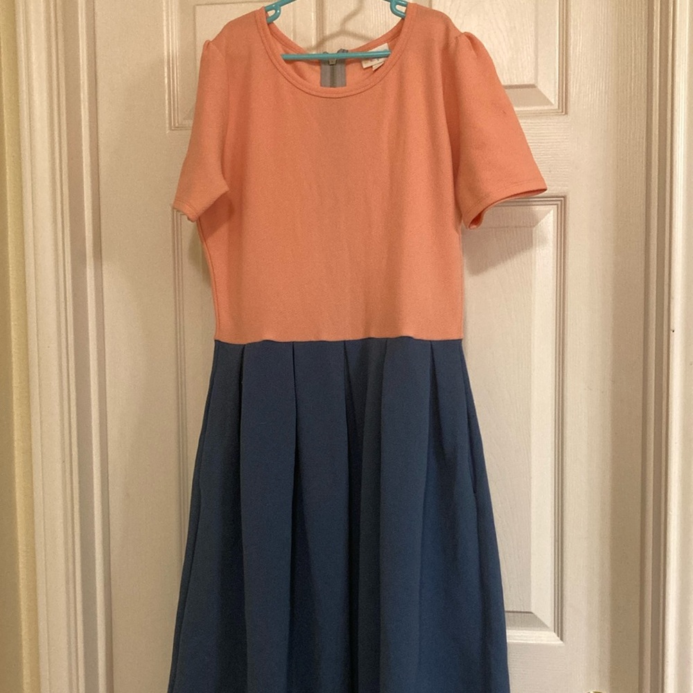 Elegant Coral and Navy Women's Casual Dress luLaRoe